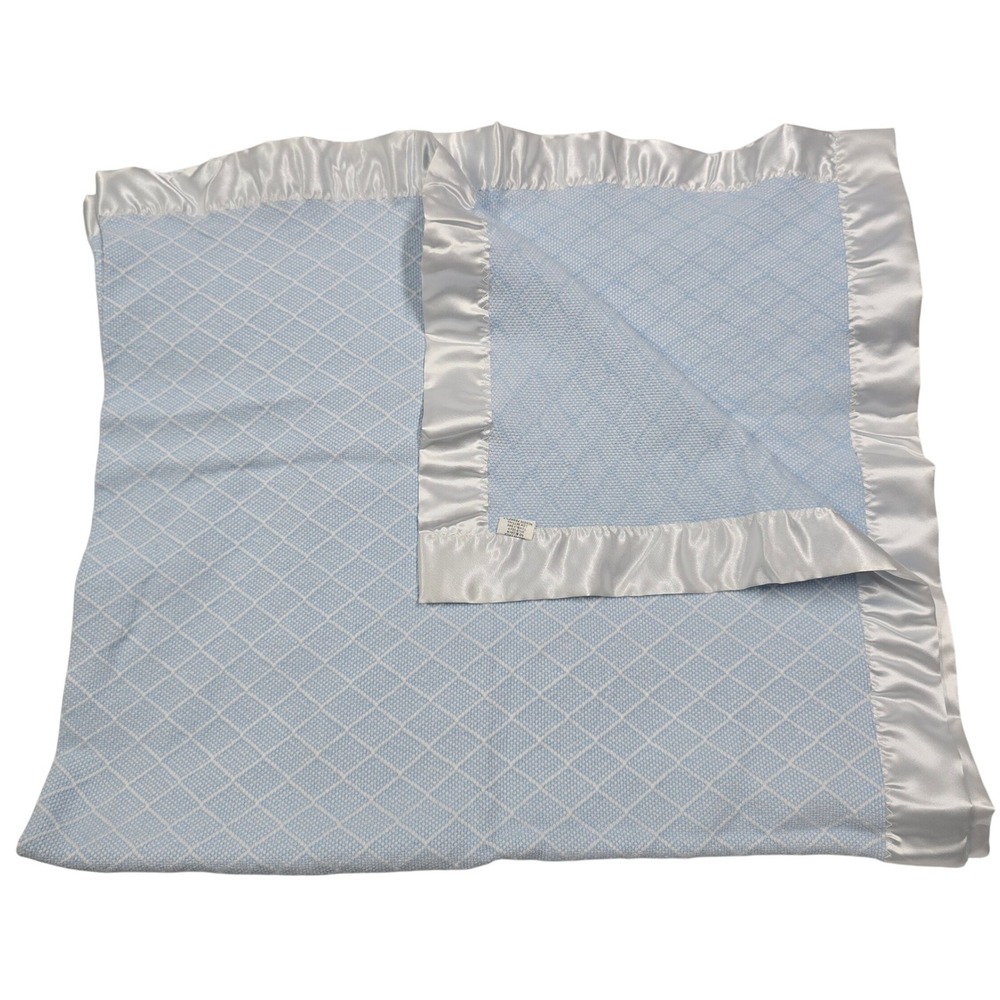 Amana Iowa Woolen Mill 100% cotton Baby Blanket Blue Diamond Weave Satin Trim